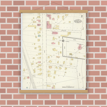 Old map wall art mockup — magnetic wood frame on brick wall — Sanborn Fire Insurance Map from Grass Lake, Jackson County, Michigan (1913), Sheet #0002