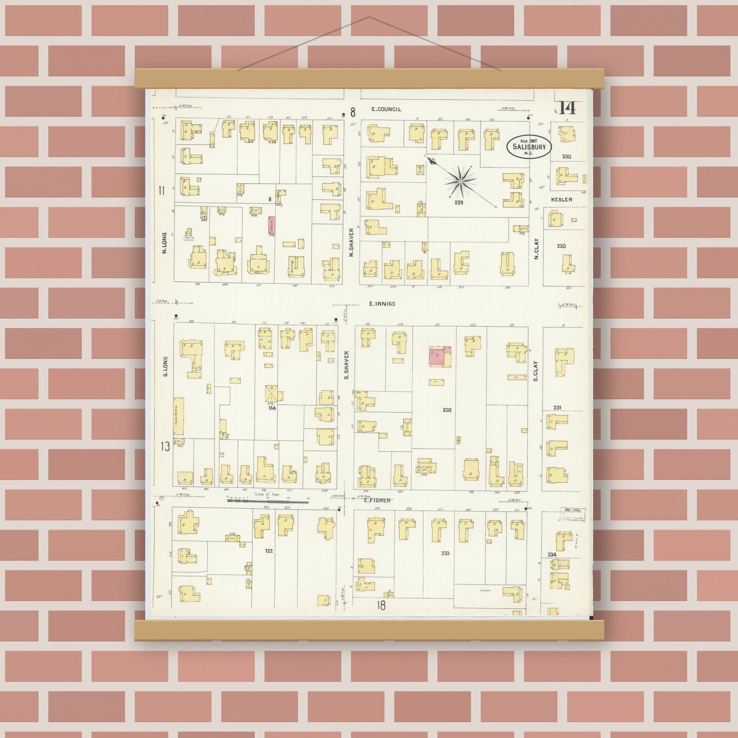 Old map wall art mockup — magnetic wood frame on brick wall — Sanborn Fire Insurance Map from Salisbury, Rowan County, North Carolina (1907), Sheet #0014