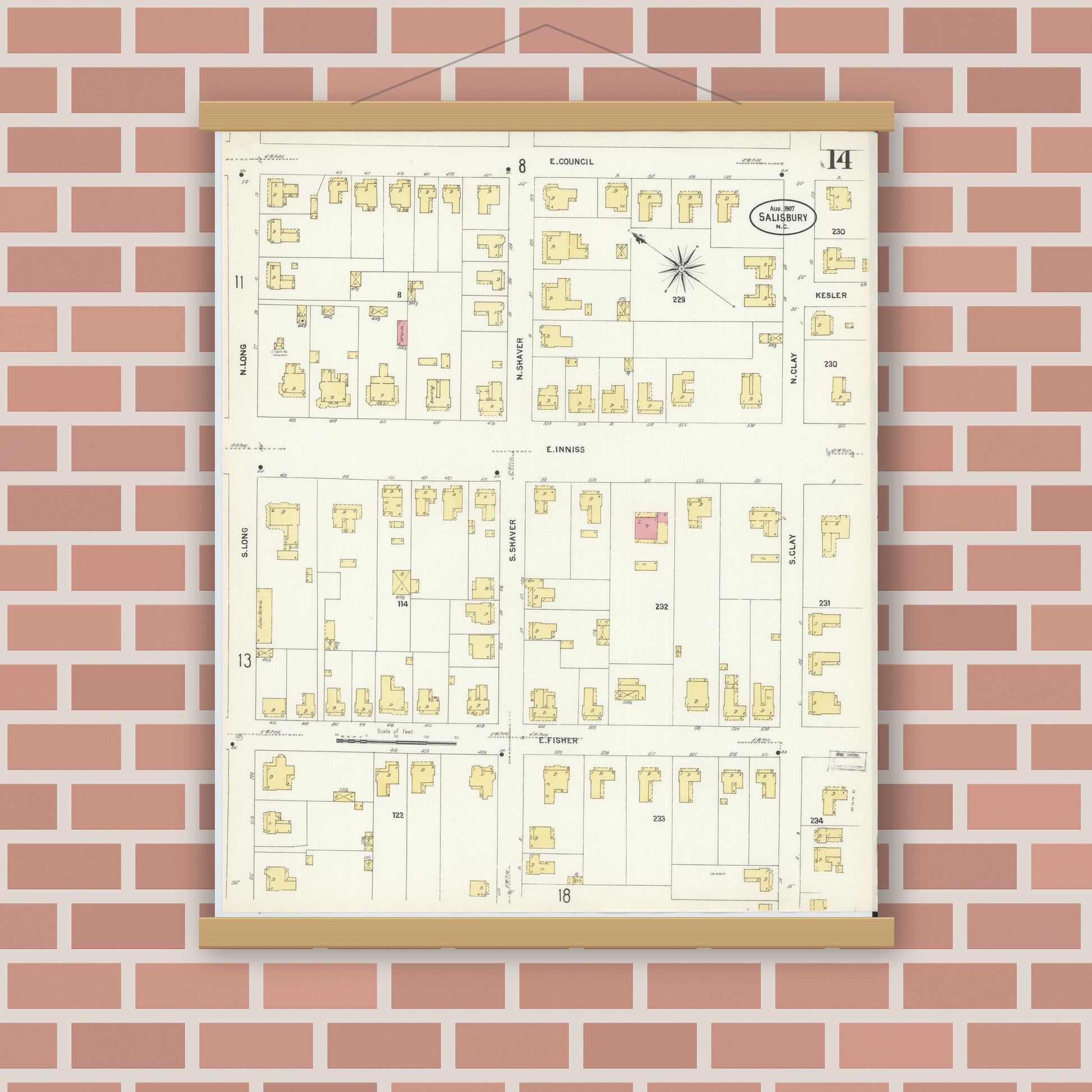 Old map wall art mockup — magnetic wood frame on brick wall — Sanborn Fire Insurance Map from Salisbury, Rowan County, North Carolina (1907), Sheet #0014