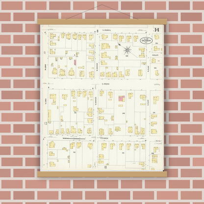 Old map wall art mockup — magnetic wood frame on brick wall — Sanborn Fire Insurance Map from Salisbury, Rowan County, North Carolina (1907), Sheet #0014