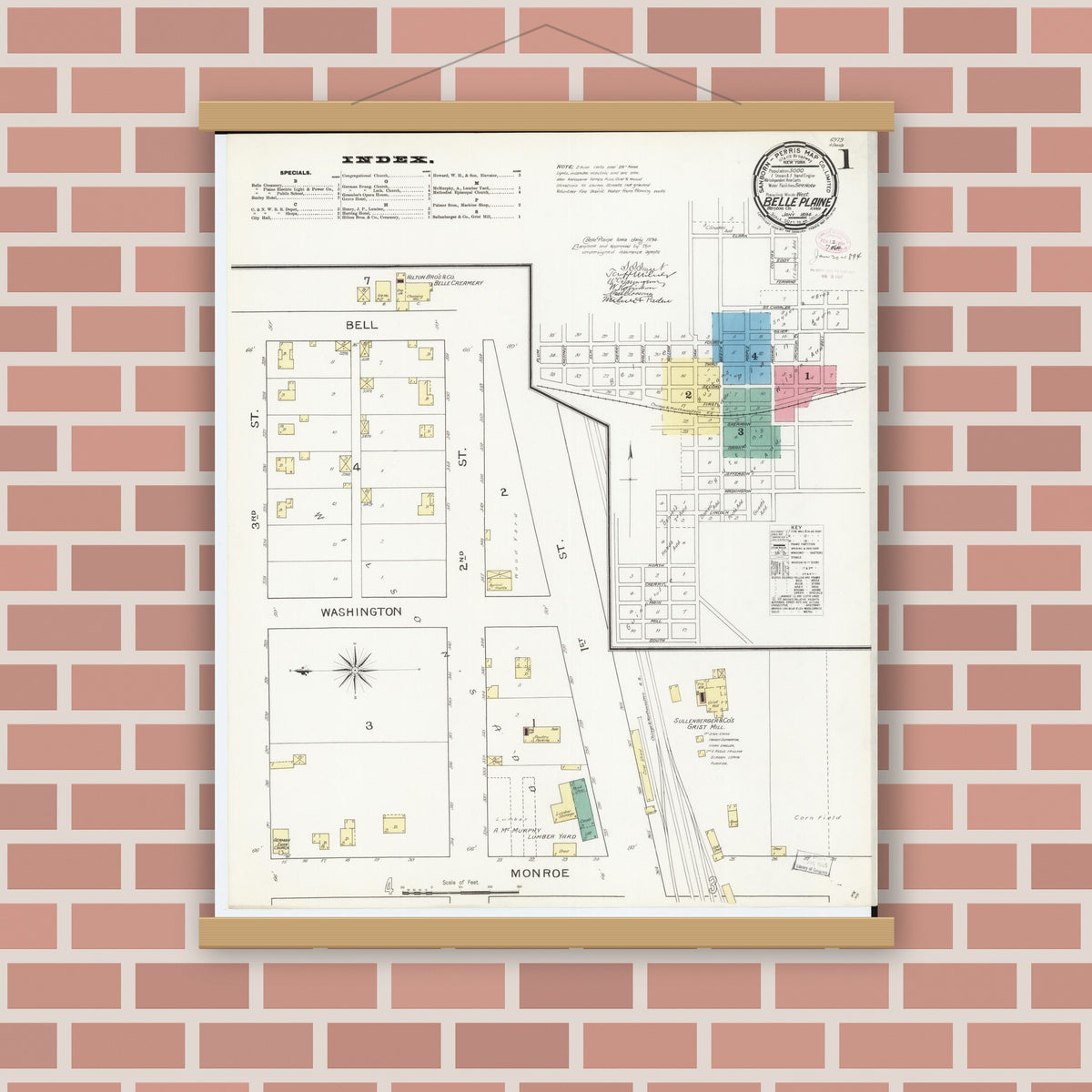 Old map wall art mockup — magnetic wood frame on brick wall — Sanborn Fire Insurance Map from Belle Plaine, Benton County, Iowa (1894) â€” Complete Set