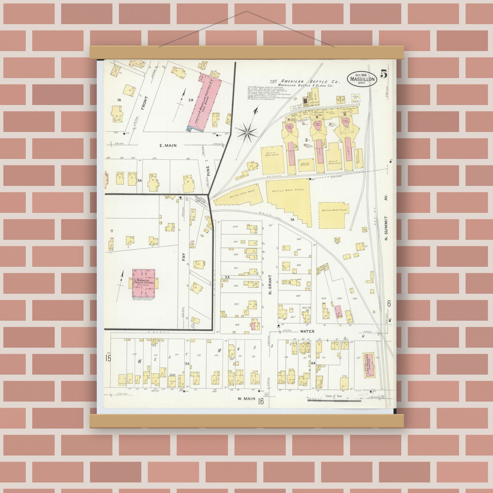 Old map wall art mockup — magnetic wood frame on brick wall — Sanborn Fire Insurance Map from Massillon, Stark County, Ohio (1908), Sheet #0005
