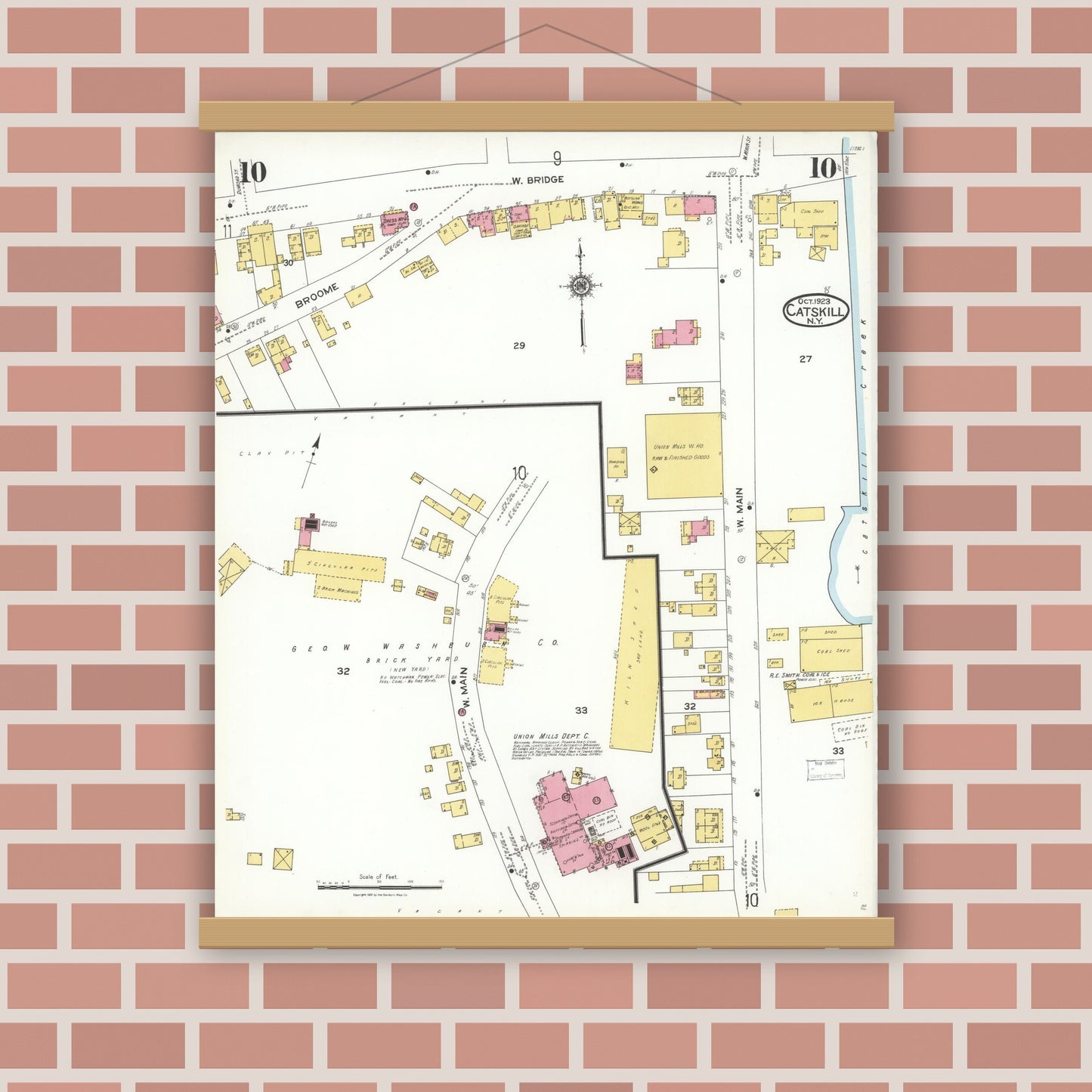 Old map wall art mockup — magnetic wood frame on brick wall — Sanborn Fire Insurance Map from Catskill, Greene County, New York (1923), Sheet #0010
