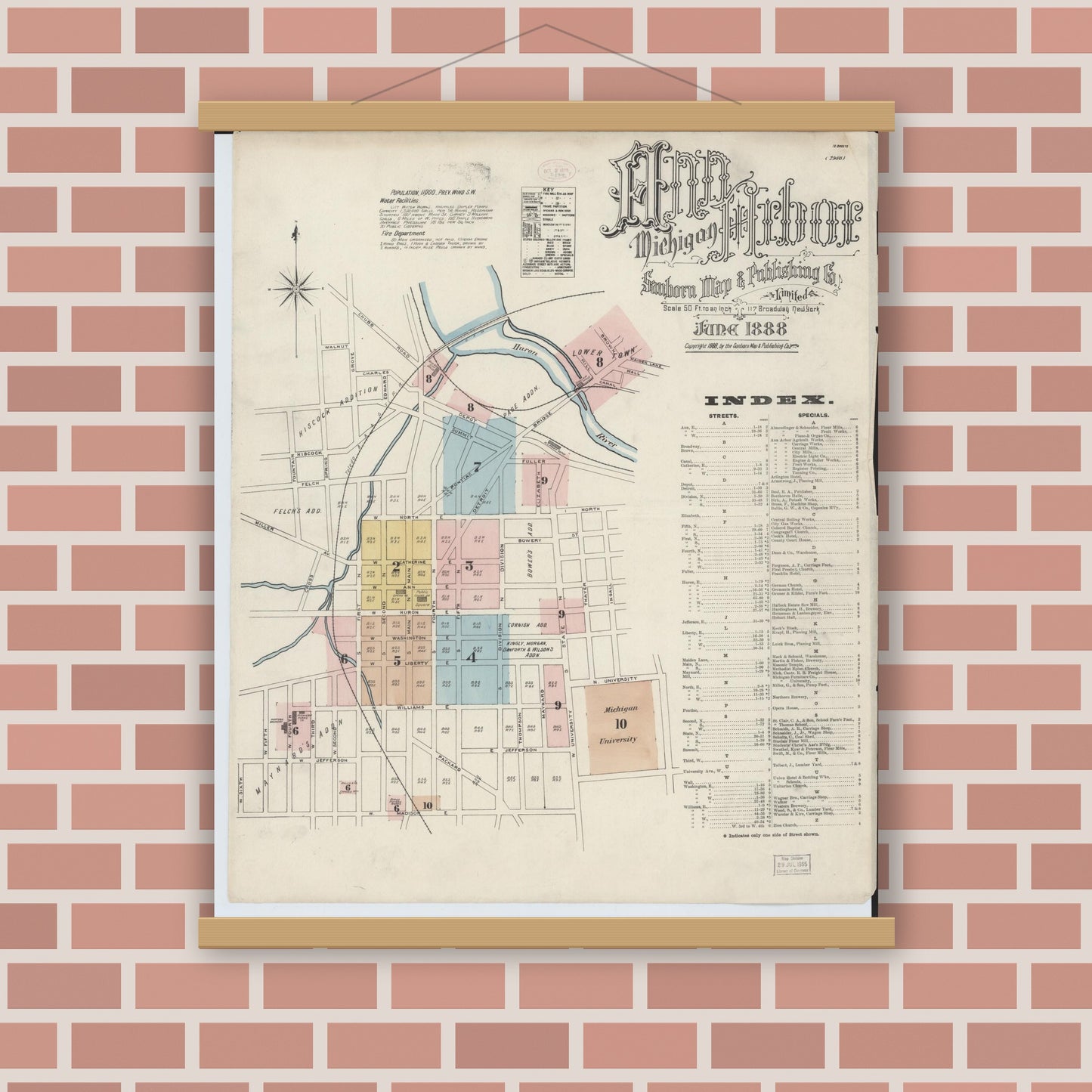 Old map wall art mockup — magnetic wood frame on brick wall — Sanborn Fire Insurance Map from Ann Arbor, Washtenaw County, Michigan (1888) - Complete Map Set