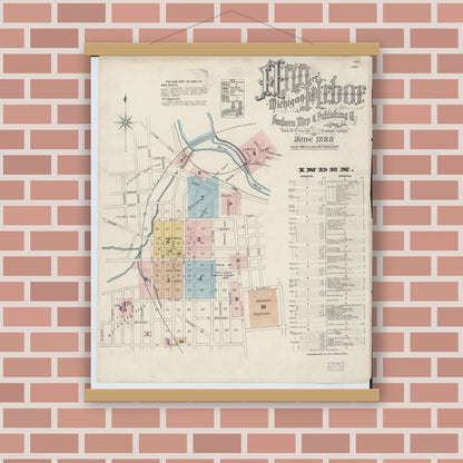 Old map wall art mockup — magnetic wood frame on brick wall — Sanborn Fire Insurance Map from Ann Arbor, Washtenaw County, Michigan (1888) - Complete Map Set