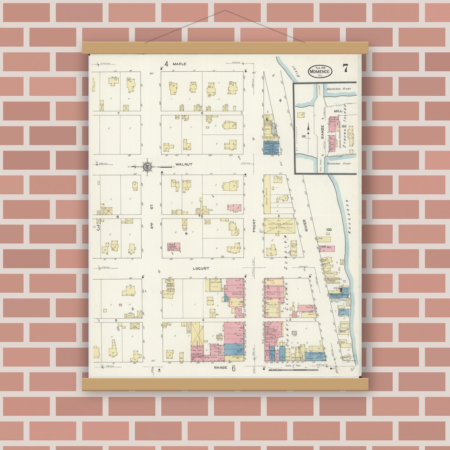 Old map wall art mockup — magnetic wood frame on brick wall — Sanborn Fire Insurance Map from Momence, Kankakee County, Illinois (1913), Sheet #0007