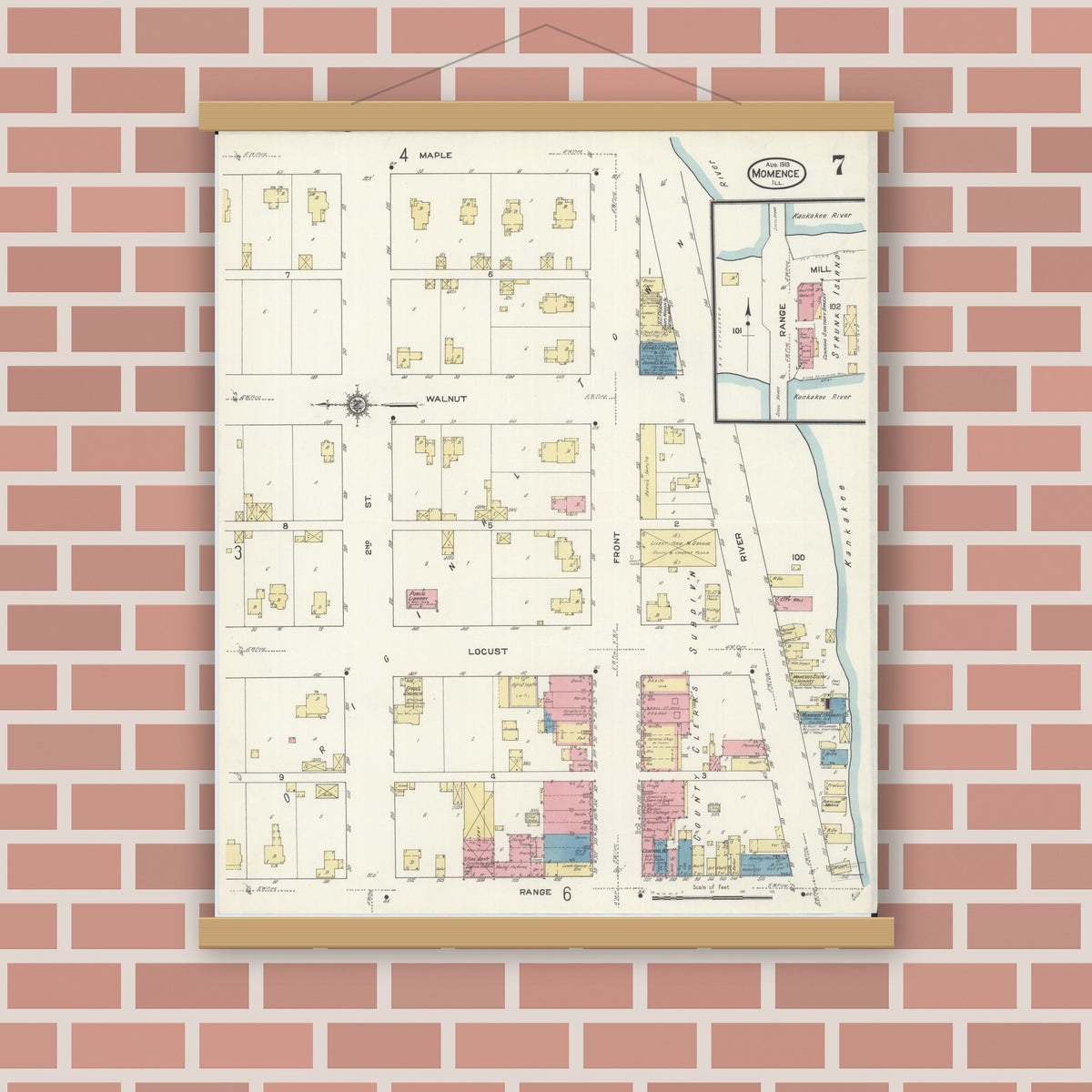 Old map wall art mockup — magnetic wood frame on brick wall — Sanborn Fire Insurance Map from Momence, Kankakee County, Illinois (1913), Sheet #0007