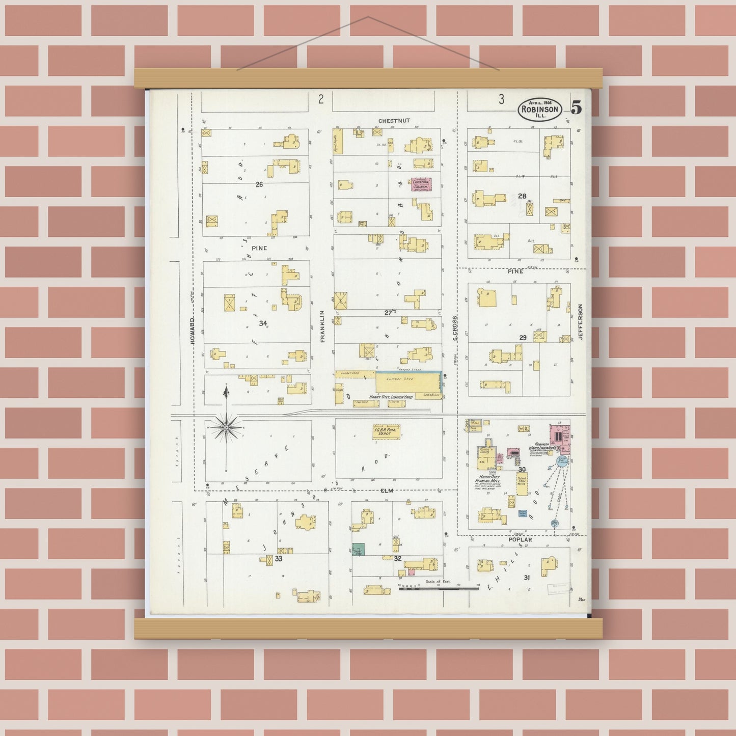Old map wall art mockup — magnetic wood frame on brick wall — Sanborn Fire Insurance Map from Robinson, Crawford County, Illinois (1906), Sheet #0005