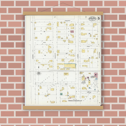 Old map wall art mockup — magnetic wood frame on brick wall — Sanborn Fire Insurance Map from Robinson, Crawford County, Illinois (1906), Sheet #0005