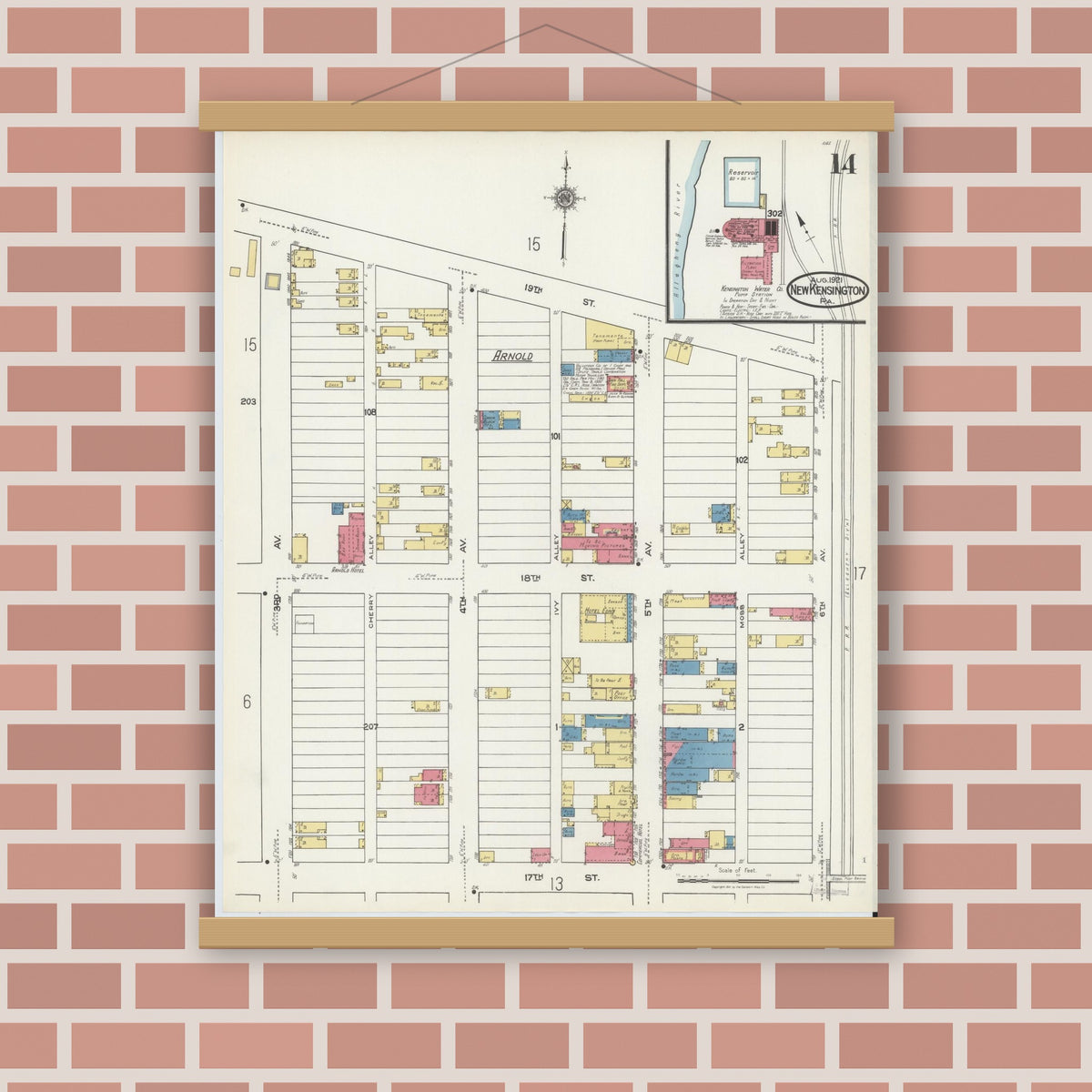 Old map wall art mockup — magnetic wood frame on brick wall — Sanborn Fire Insurance Map from New Kensington, Westmoreland County, Pennsylvania (1921), Sheet #0014