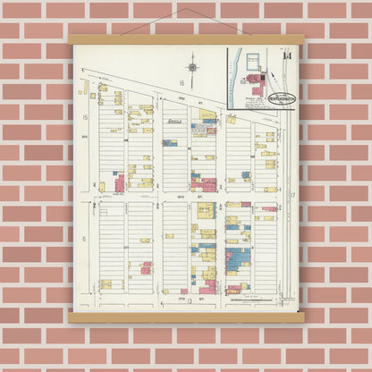 Old map wall art mockup — magnetic wood frame on brick wall — Sanborn Fire Insurance Map from New Kensington, Westmoreland County, Pennsylvania (1921), Sheet #0014