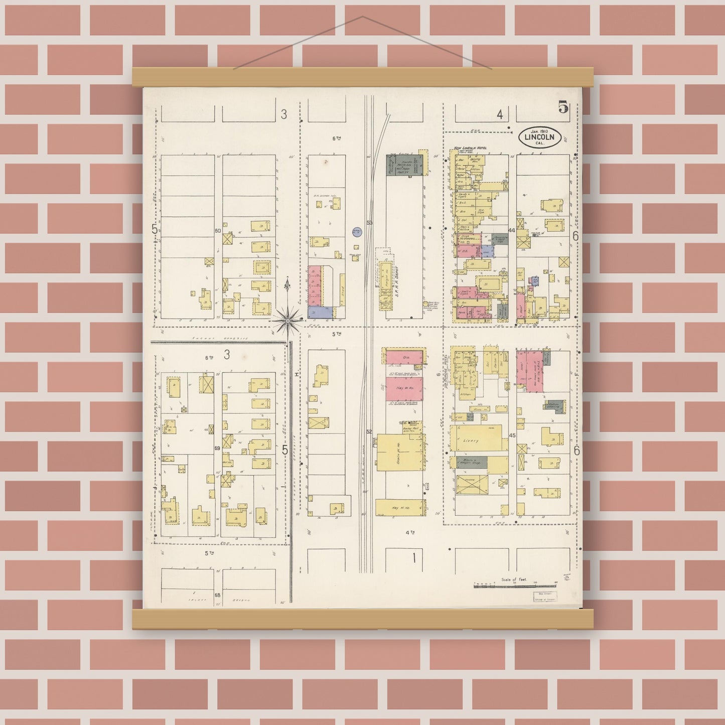 Old map wall art mockup — magnetic wood frame on brick wall — Sanborn Fire Insurance Map from Lincoln, Placer County, California (1910), Sheet #0005