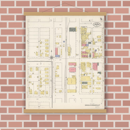 Old map wall art mockup — magnetic wood frame on brick wall — Sanborn Fire Insurance Map from Lincoln, Placer County, California (1910), Sheet #0005