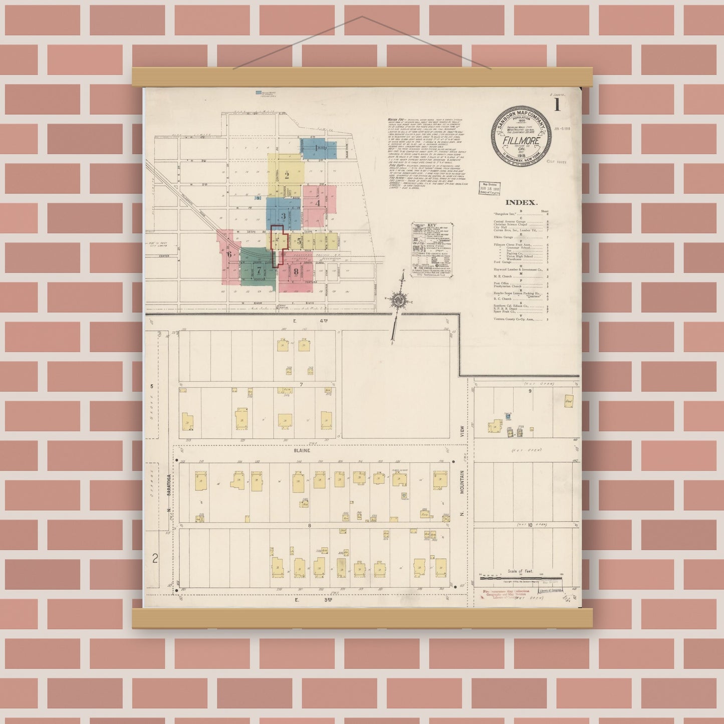Old map wall art mockup — magnetic wood frame on brick wall — Sanborn Fire Insurance Map from Fillmore, Ventura County, California (1918) - Complete Map Set