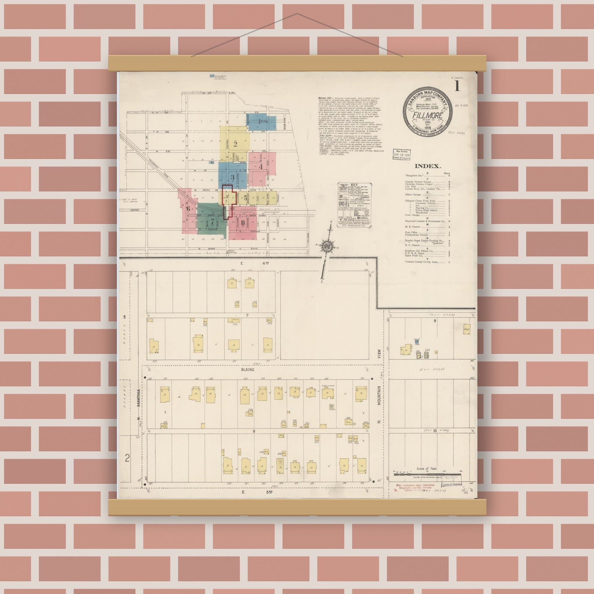 Old map wall art mockup — magnetic wood frame on brick wall — Sanborn Fire Insurance Map from Fillmore, Ventura County, California (1918) - Complete Map Set