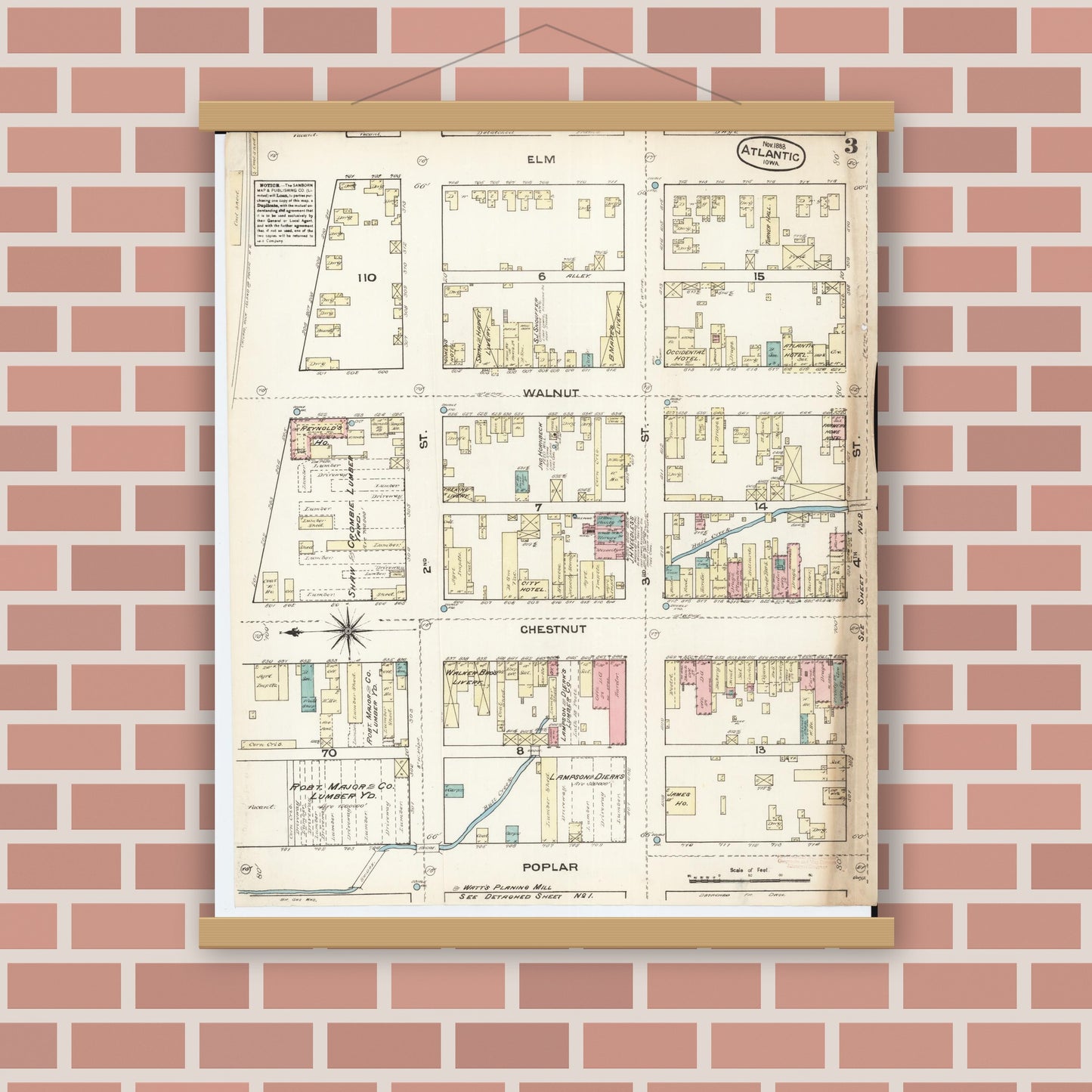 Old map wall art mockup — magnetic wood frame on brick wall — Sanborn Fire Insurance Map from Atlantic, Cass County, Iowa (1883), Sheet #0003