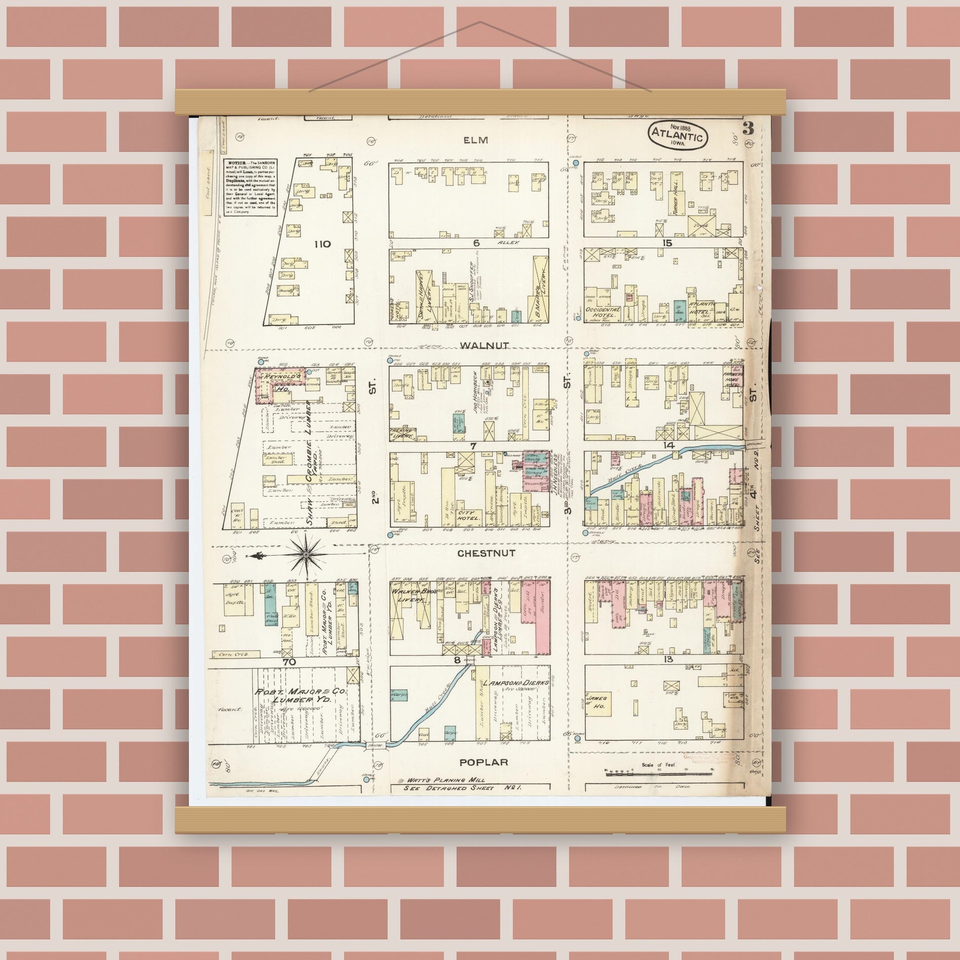 Old map wall art mockup — magnetic wood frame on brick wall — Sanborn Fire Insurance Map from Atlantic, Cass County, Iowa (1883), Sheet #0003