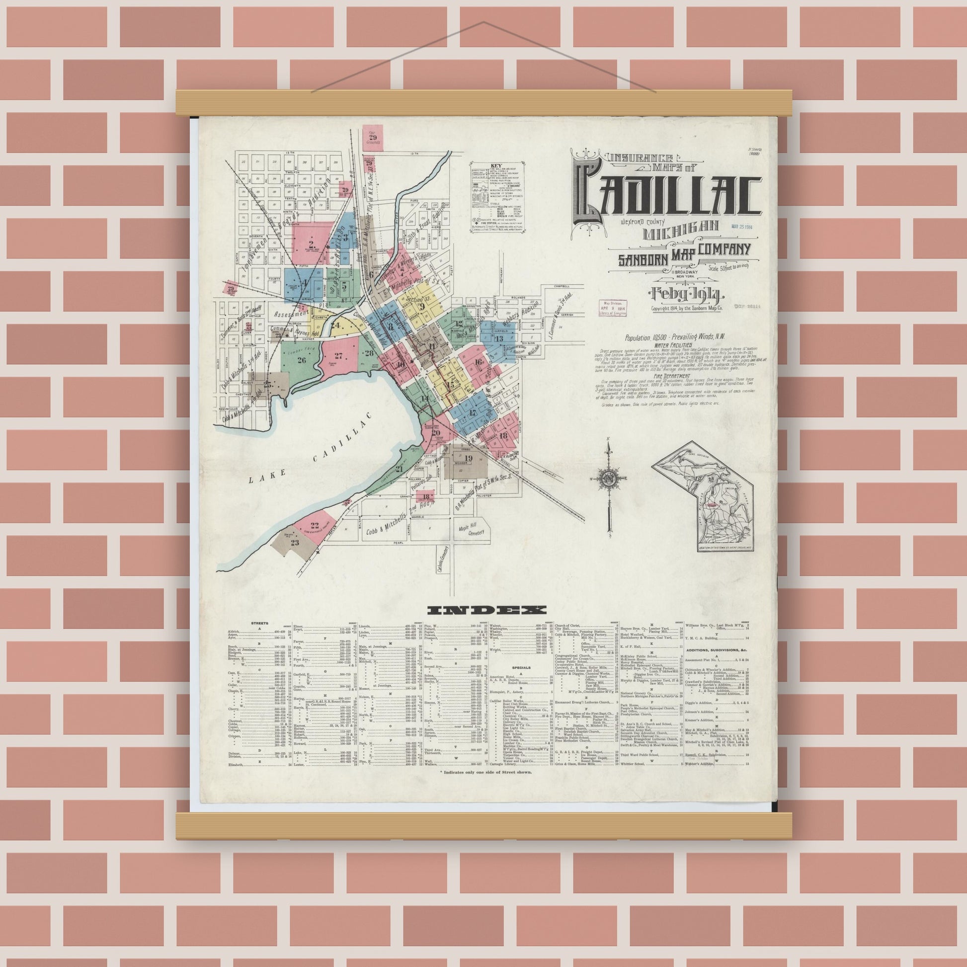 Old map wall art mockup — magnetic wood frame on brick wall — Sanborn Fire Insurance Map from Cadillac, Wexford County, Michigan (1914) - Complete Map Set