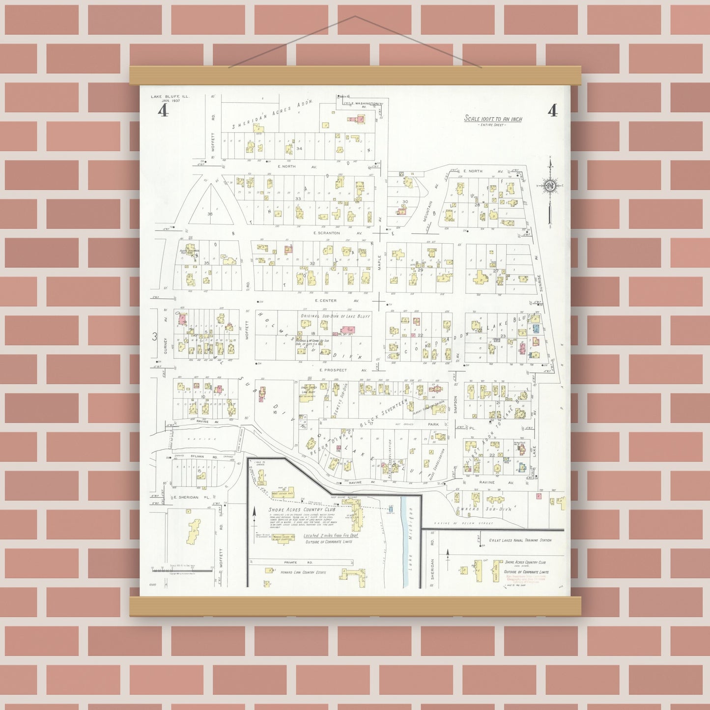 Old map wall art mockup — magnetic wood frame on brick wall — Sanborn Fire Insurance Map from Lake Bluff, Lake County, Illinois (1937), Sheet #0004