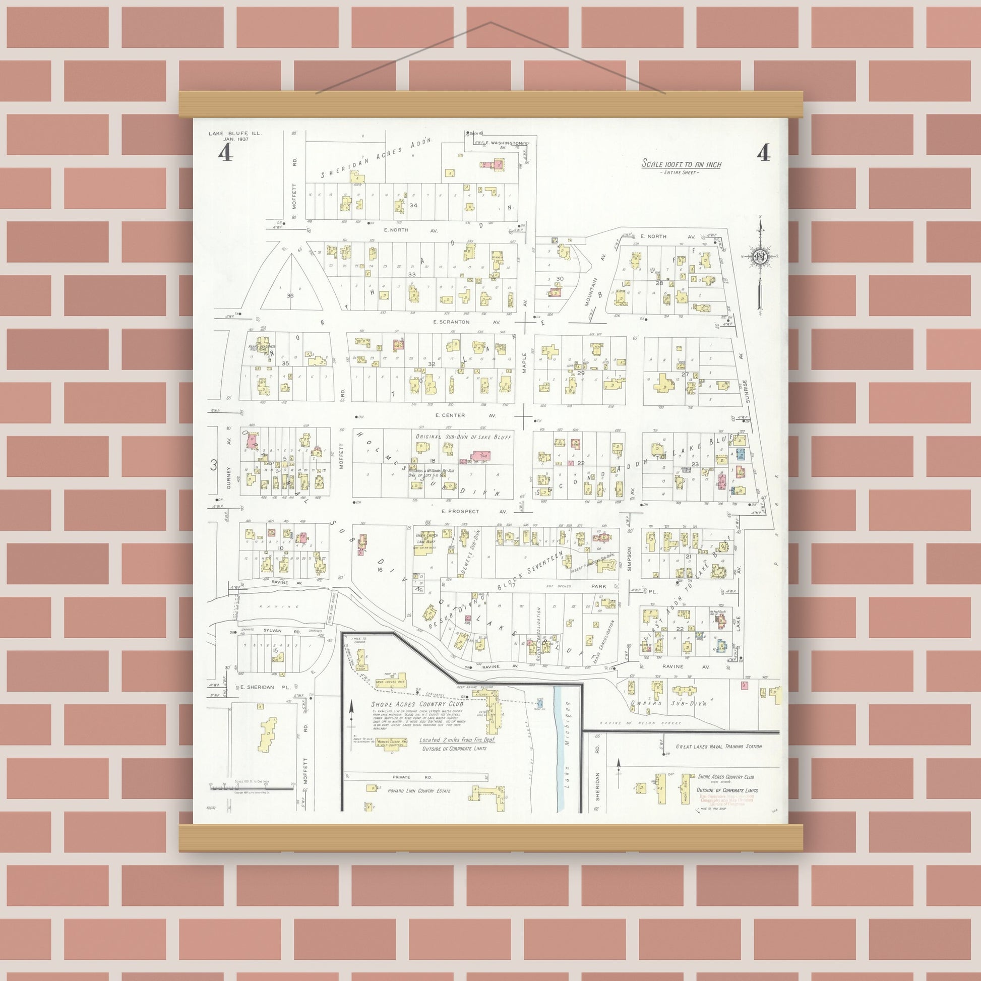 Old map wall art mockup — magnetic wood frame on brick wall — Sanborn Fire Insurance Map from Lake Bluff, Lake County, Illinois (1937), Sheet #0004