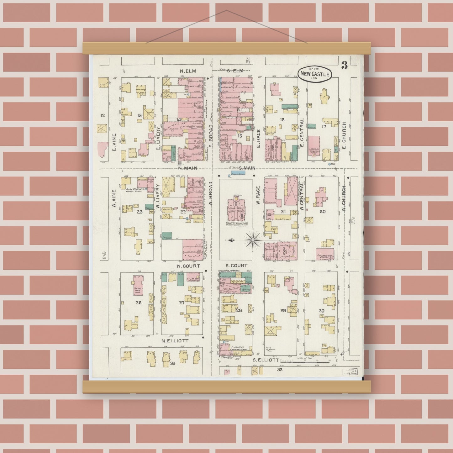 Old map wall art mockup — magnetic wood frame on brick wall — Sanborn Fire Insurance Map from New Castle, Henry County, Indiana (1892), Sheet #0003