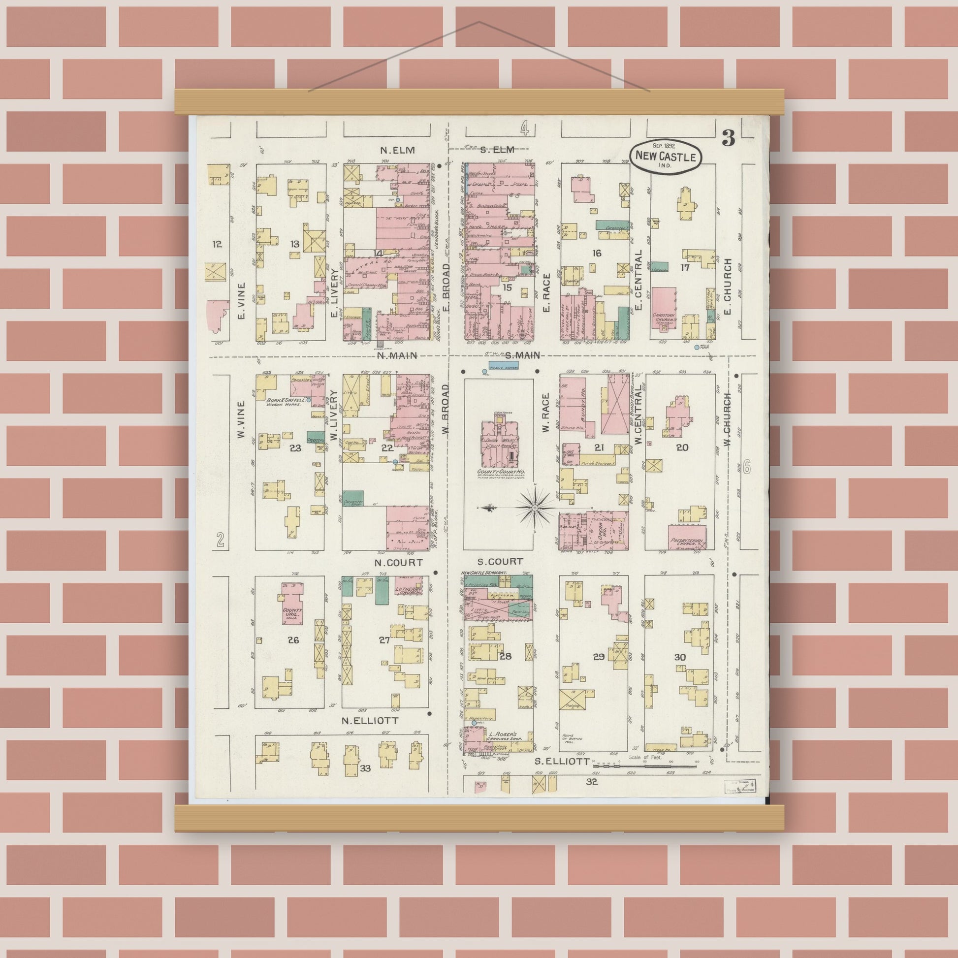 Old map wall art mockup — magnetic wood frame on brick wall — Sanborn Fire Insurance Map from New Castle, Henry County, Indiana (1892), Sheet #0003