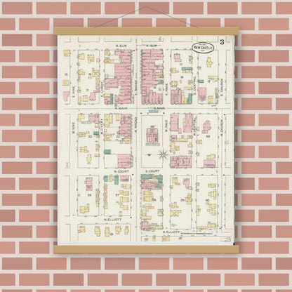 Old map wall art mockup — magnetic wood frame on brick wall — Sanborn Fire Insurance Map from New Castle, Henry County, Indiana (1892), Sheet #0003