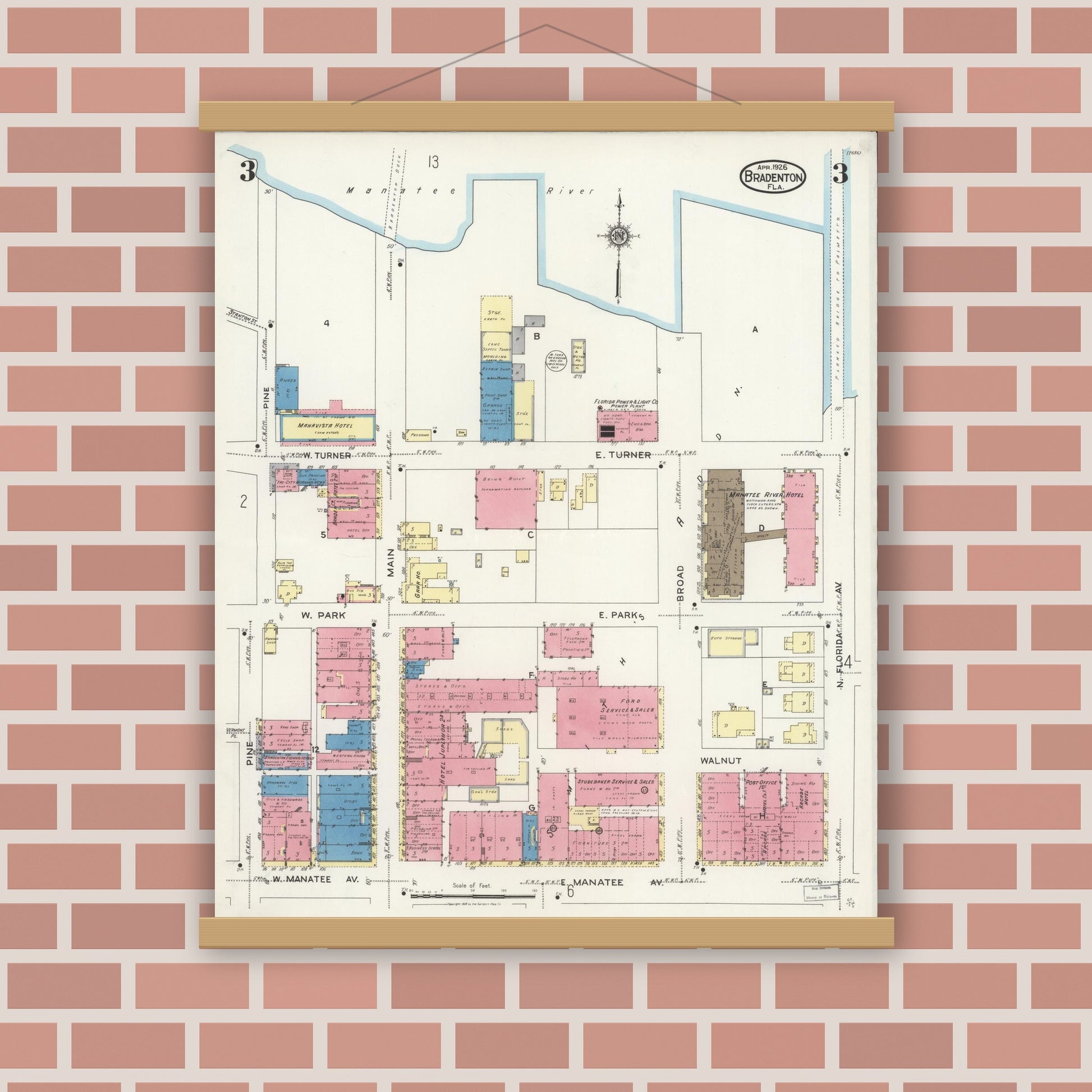 Old map wall art mockup — magnetic wood frame on brick wall — Sanborn Fire Insurance Map from Bradentown, Manatee County, Florida (1926), Sheet #0003
