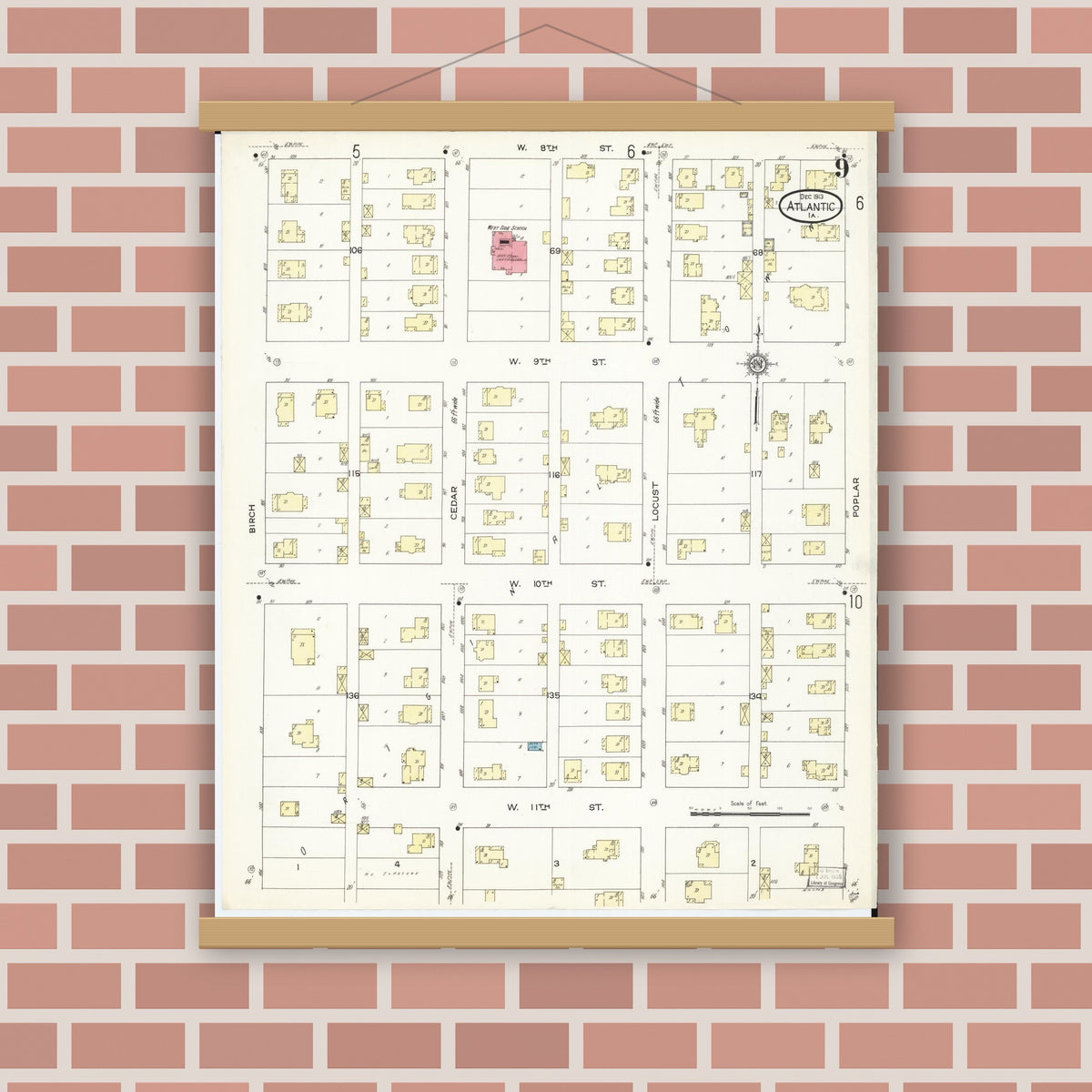 Old map wall art mockup — magnetic wood frame on brick wall — Sanborn Fire Insurance Map from Atlantic, Cass County, Iowa (1913), Sheet #0009