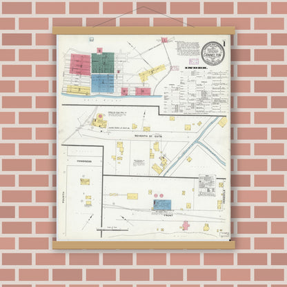 Old map wall art mockup — magnetic wood frame on brick wall — Sanborn Fire Insurance Map from Cannelton, Perry County, Indiana (1909), Sheet #0001