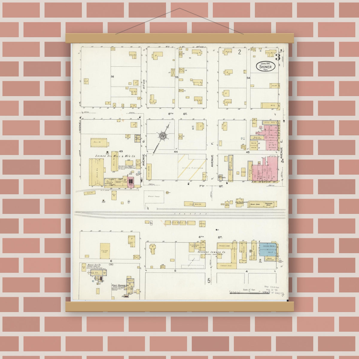 Old map wall art mockup — magnetic wood frame on brick wall — Sanborn Fire Insurance Map from Shiner, Lavaca County, Texas (1912), Sheet #0003