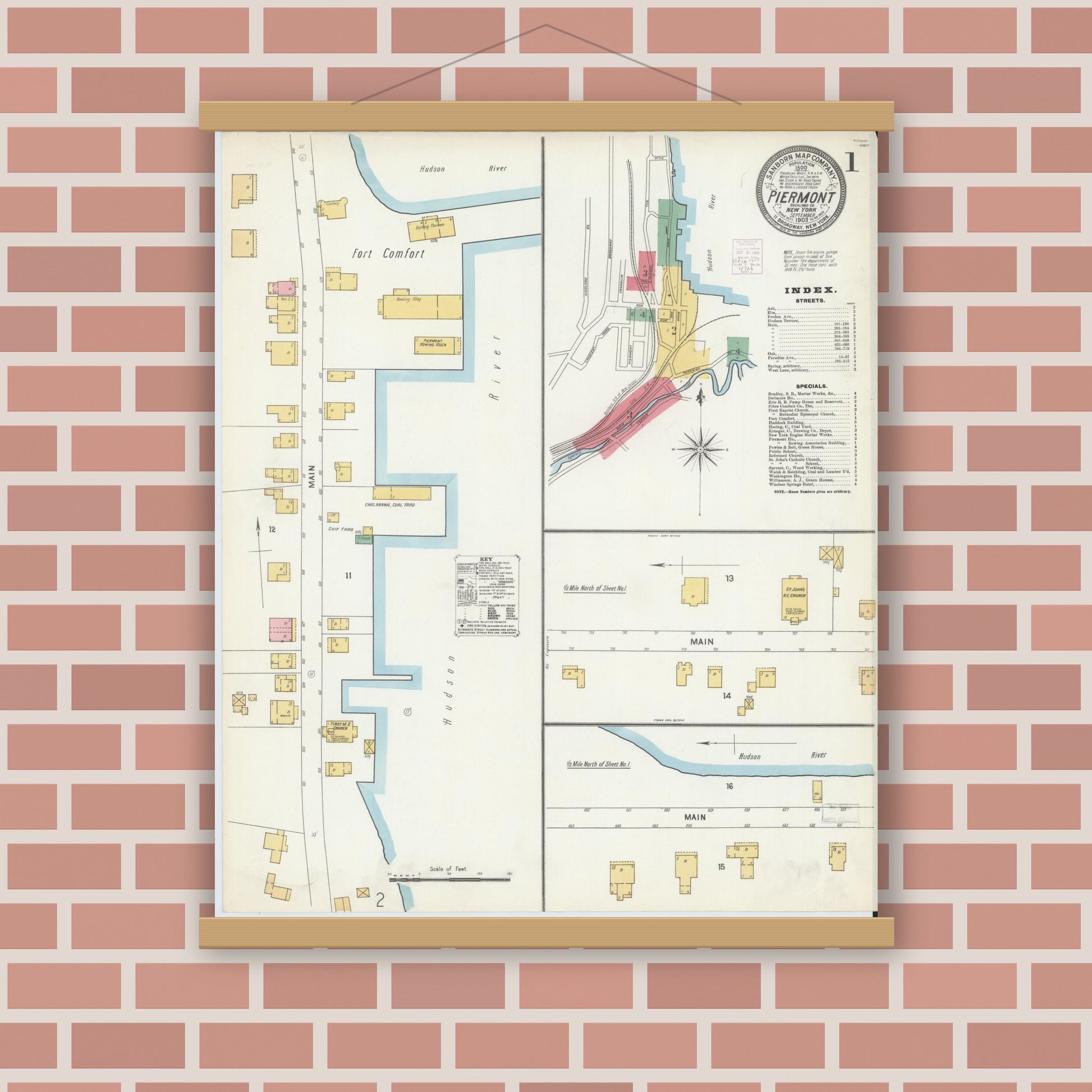 Old map wall art mockup — magnetic wood frame on brick wall — Sanborn Fire Insurance Map from Piermont, Rockland County, New York (1903), Sheet #0001