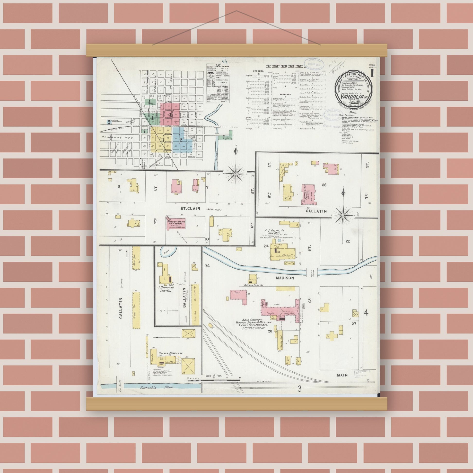 Old map wall art mockup — magnetic wood frame on brick wall — Sanborn Fire Insurance Map from Vandalia, Fayette County, Illinois (1898) - Complete Map Set