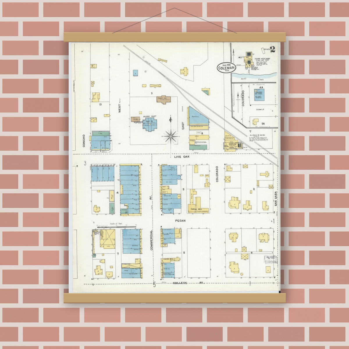 Old map wall art mockup — magnetic wood frame on brick wall — Sanborn Fire Insurance Map from Coleman, Coleman County, Texas (1904), Sheet #0002