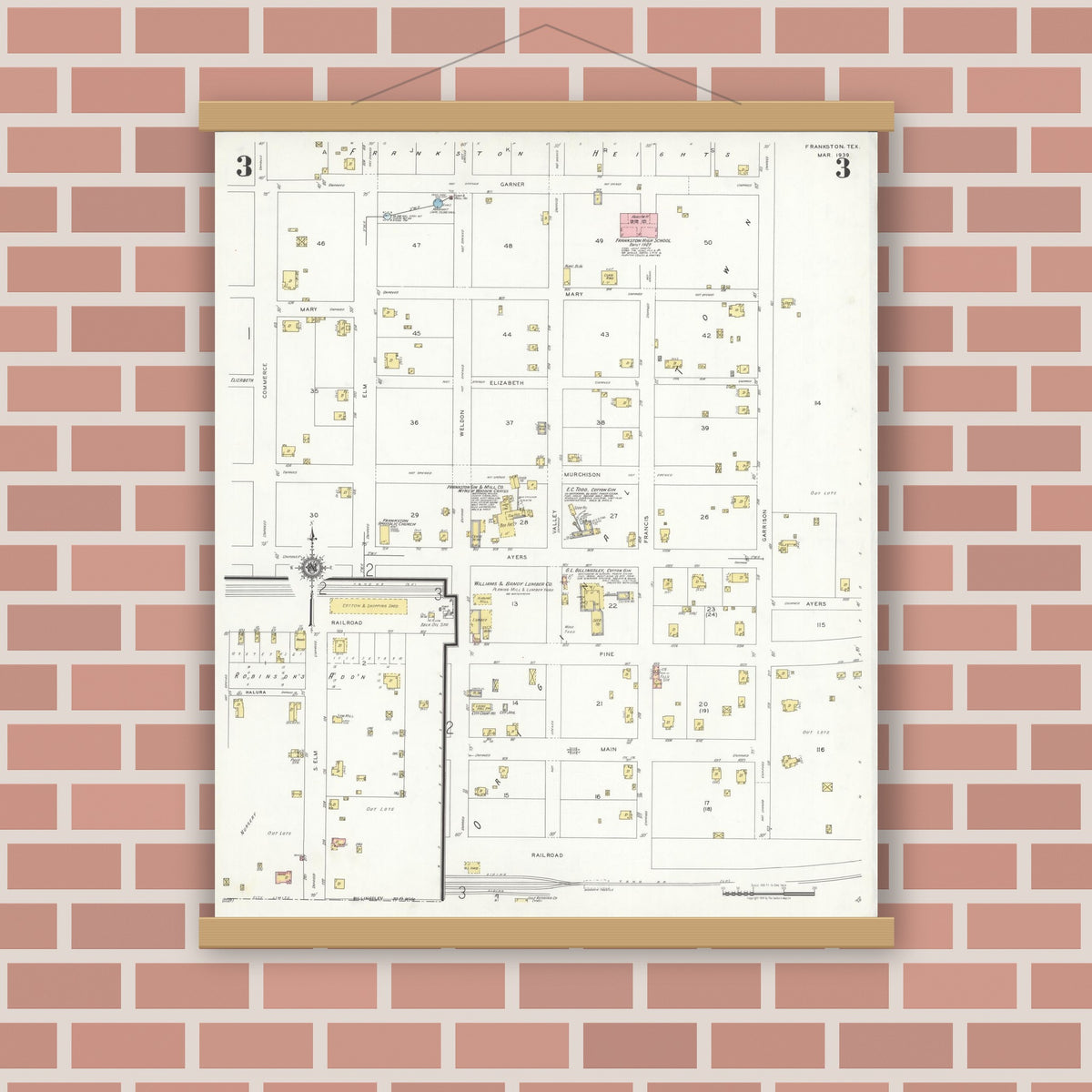 Old map wall art mockup — magnetic wood frame on brick wall — Sanborn Fire Insurance Map from Frankston, Anderson County, Texas (1939), Sheet #0003