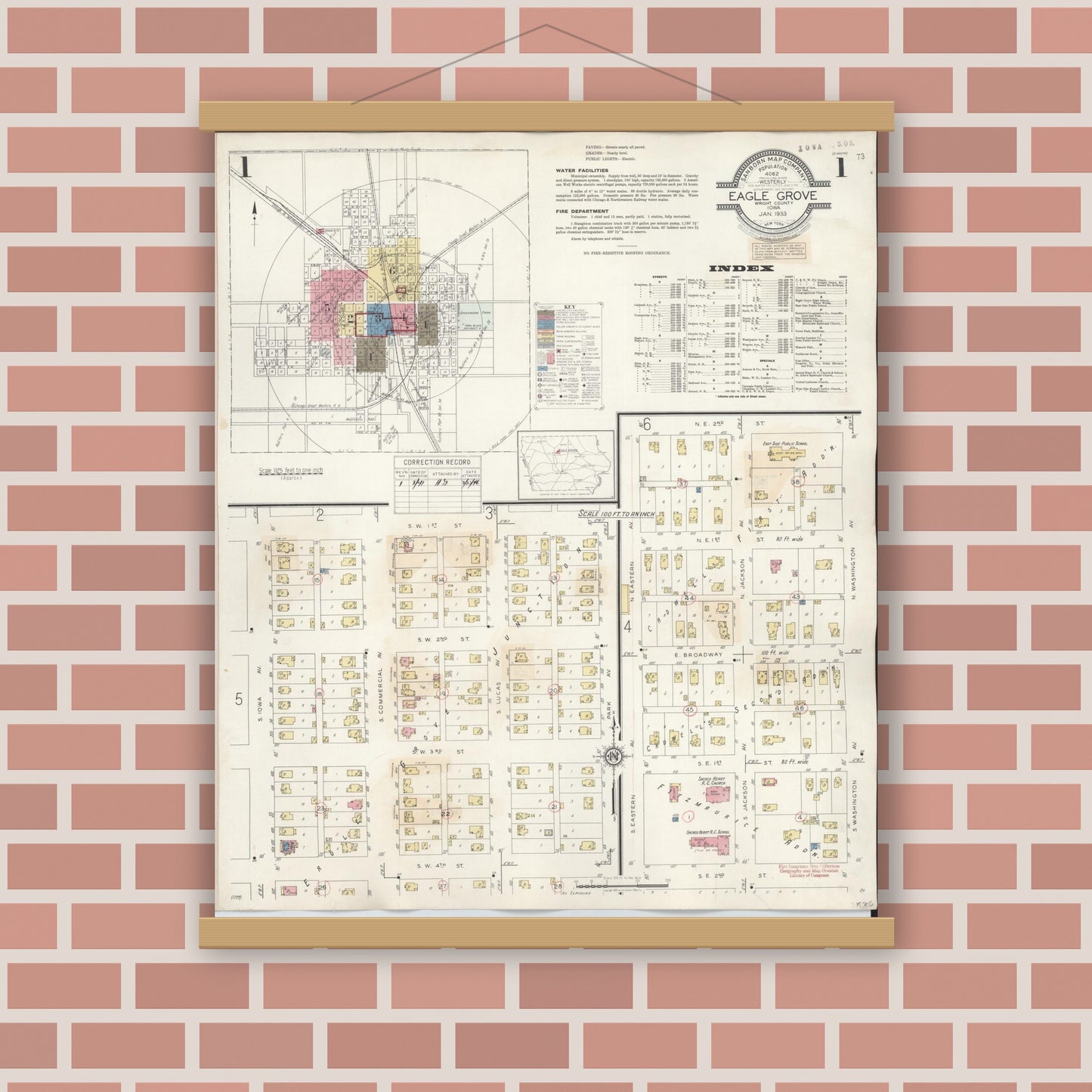 Old map wall art mockup — magnetic wood frame on brick wall — Sanborn Fire Insurance Map from Eagle Grove, Wright County, Iowa (1941) â€” Complete Set
