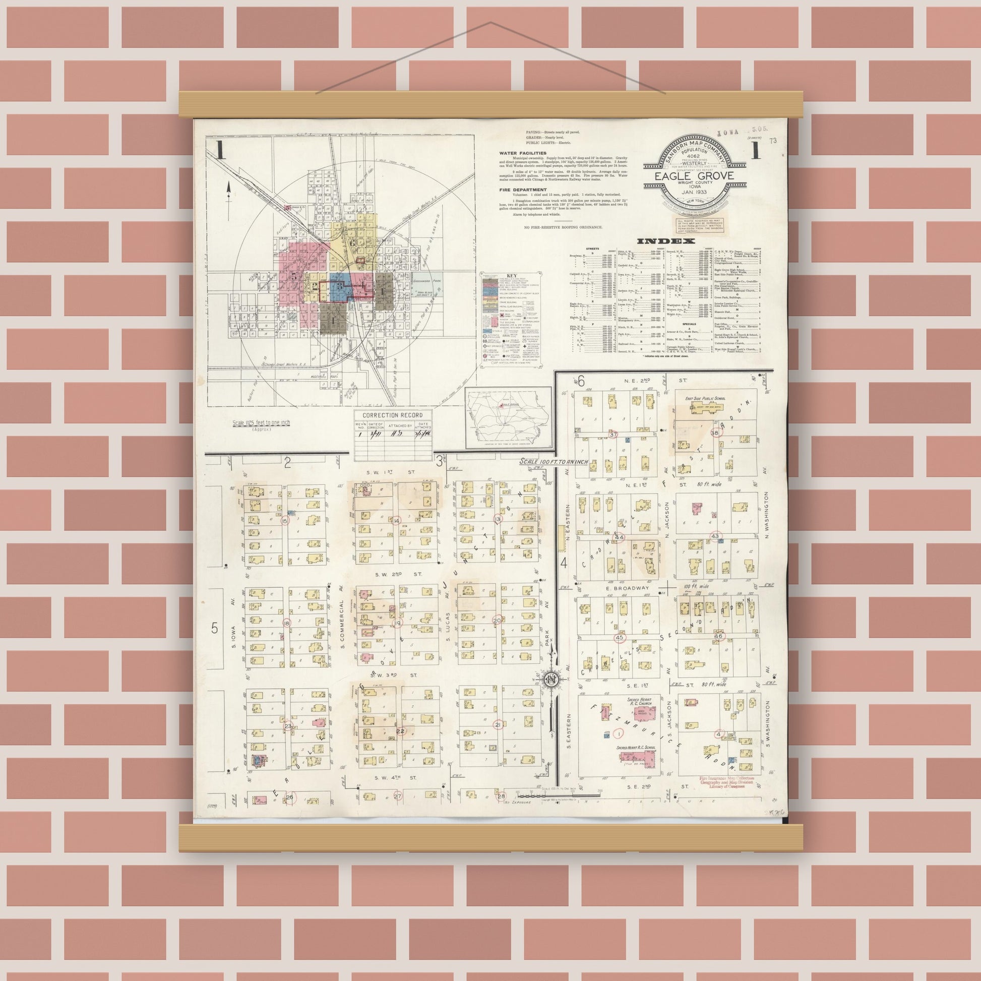 Old map wall art mockup — magnetic wood frame on brick wall — Sanborn Fire Insurance Map from Eagle Grove, Wright County, Iowa (1941) â€” Complete Set