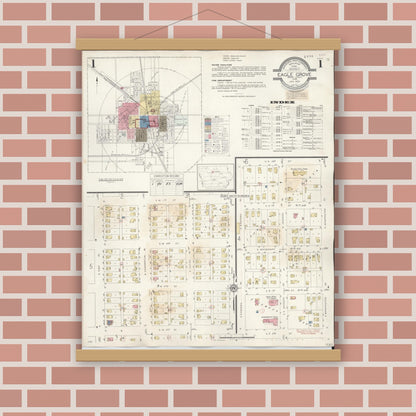 Old map wall art mockup — magnetic wood frame on brick wall — Sanborn Fire Insurance Map from Eagle Grove, Wright County, Iowa (1941) â€” Complete Set
