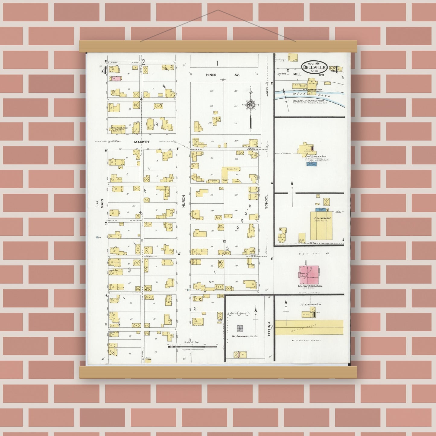 Old map wall art mockup — magnetic wood frame on brick wall — Sanborn Fire Insurance Map from Bellville, Richland County, Ohio (1926), Sheet #0004