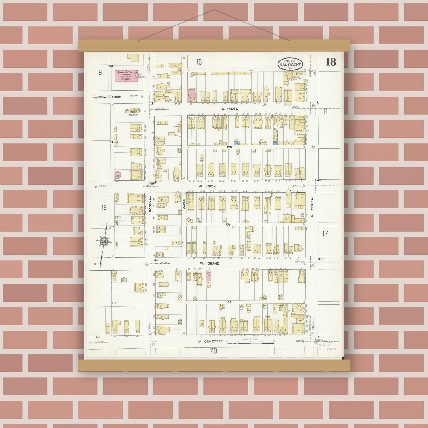Old map wall art mockup — magnetic wood frame on brick wall — Sanborn Fire Insurance Map from Nanticoke, Luzerne County, Pennsylvania (1912), Sheet #0018