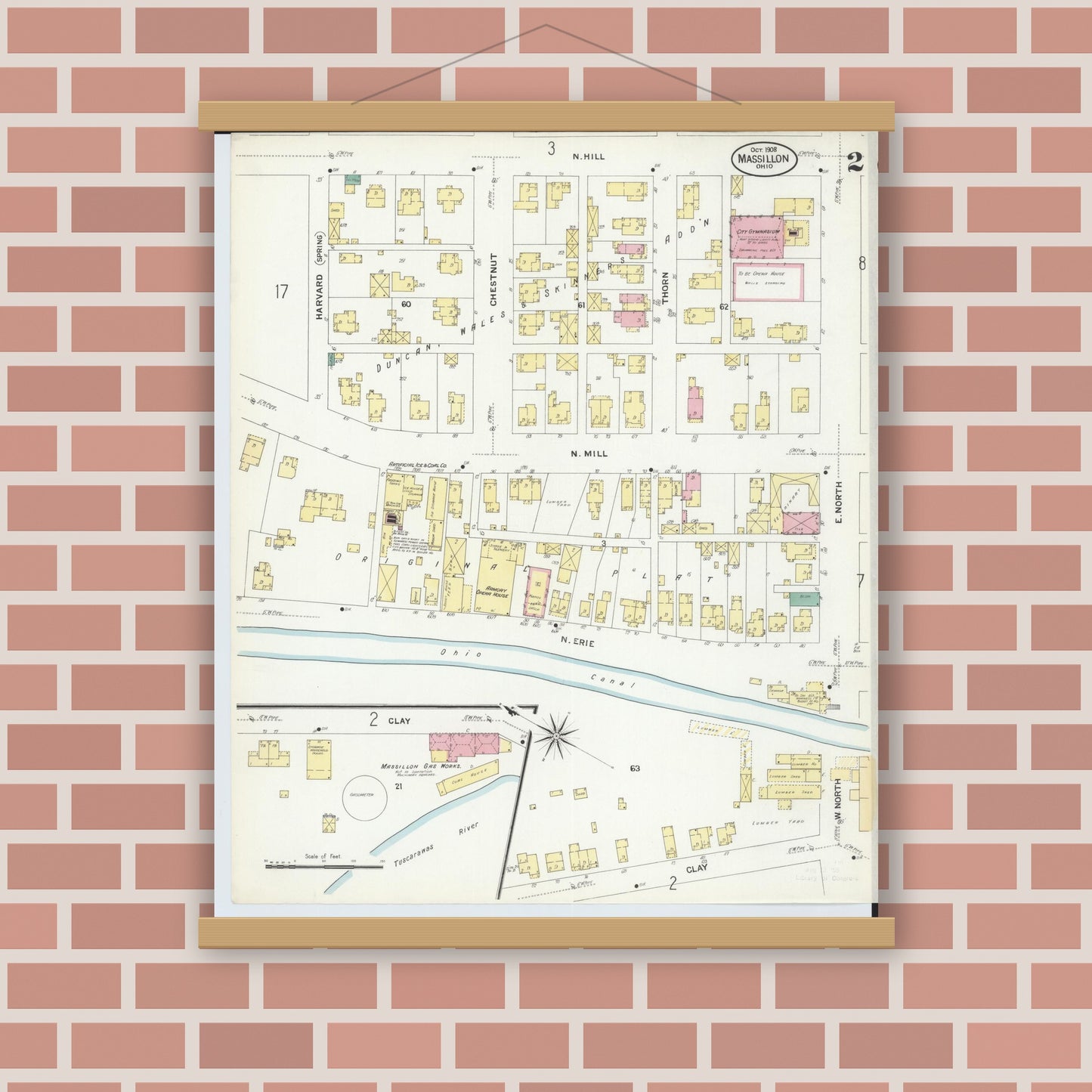 Old map wall art mockup — magnetic wood frame on brick wall — Sanborn Fire Insurance Map from Massillon, Stark County, Ohio (1908), Sheet #0002