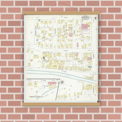 Old map wall art mockup — magnetic wood frame on brick wall — Sanborn Fire Insurance Map from Massillon, Stark County, Ohio (1908), Sheet #0002