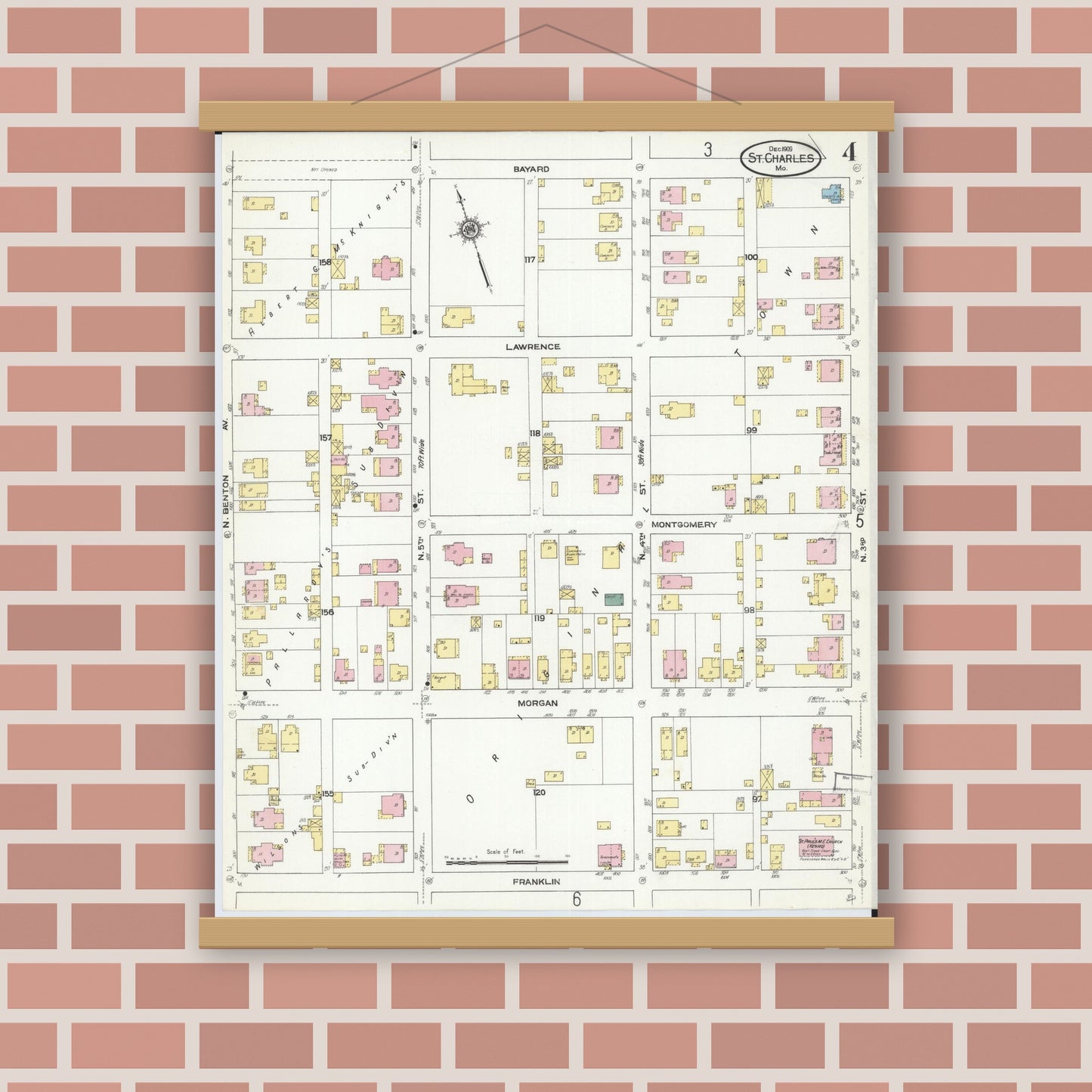 Old map wall art mockup — magnetic wood frame on brick wall — Sanborn Fire Insurance Map from Saint Charles, Saint Charles County, Missouri (1909), Sheet #0004