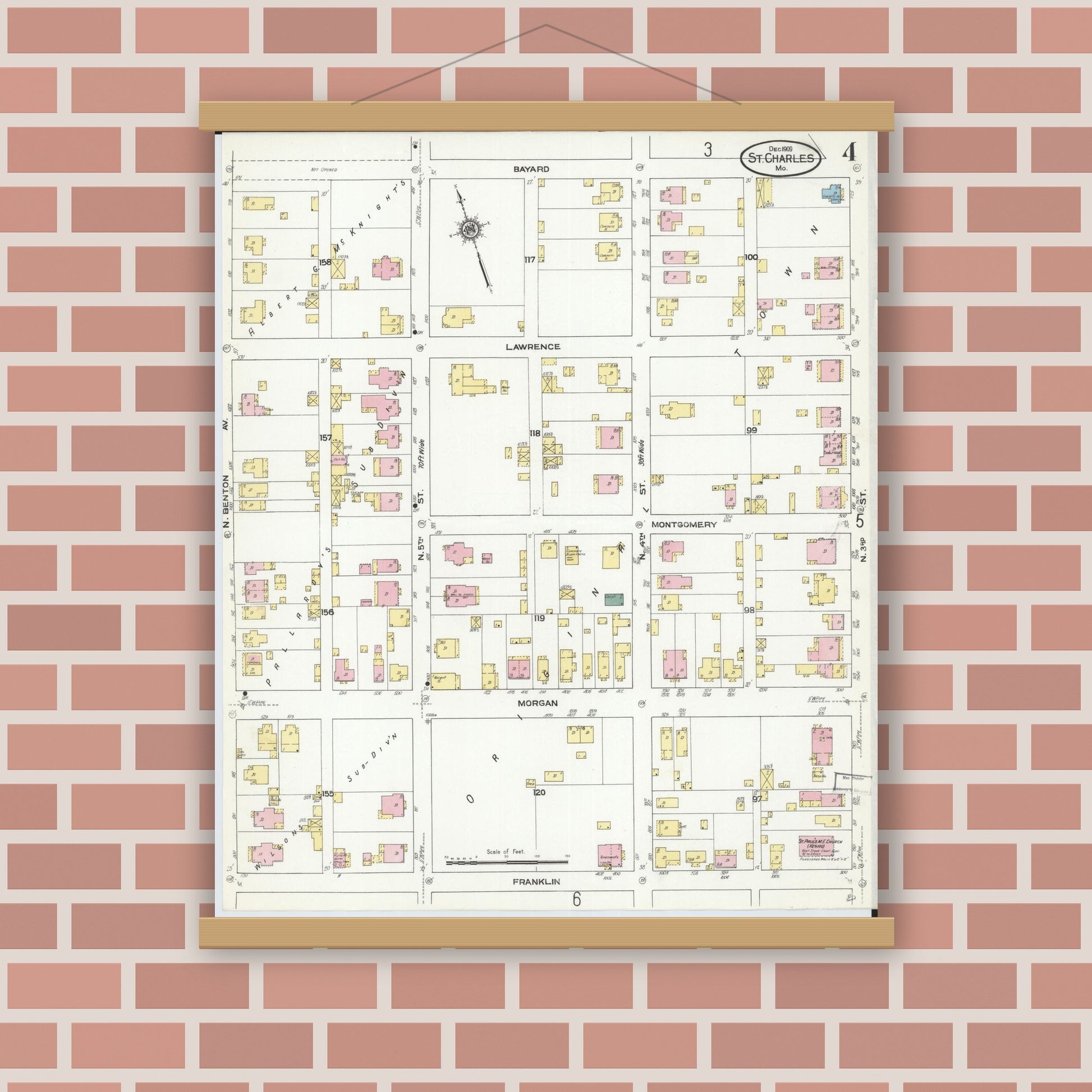 Old map wall art mockup — magnetic wood frame on brick wall — Sanborn Fire Insurance Map from Saint Charles, Saint Charles County, Missouri (1909), Sheet #0004