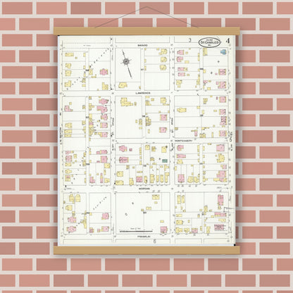 Old map wall art mockup — magnetic wood frame on brick wall — Sanborn Fire Insurance Map from Saint Charles, Saint Charles County, Missouri (1909), Sheet #0004