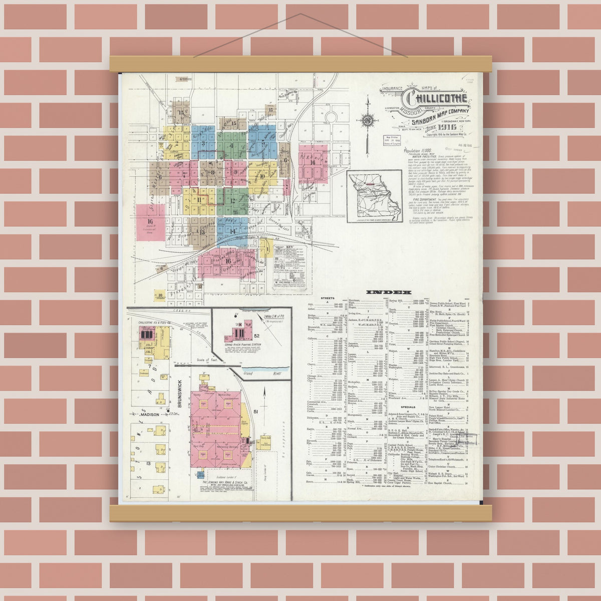 Old map wall art mockup — magnetic wood frame on brick wall — Sanborn Fire Insurance Map from Chillicothe, Livingston County, Missouri (1916) - Complete Map Set