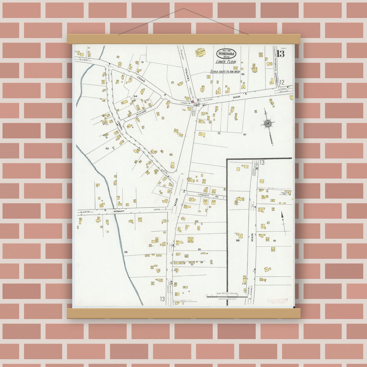 Old map wall art mockup — magnetic wood frame on brick wall — Sanborn Fire Insurance Map from Hingham, Plymouth County, Massachusetts (1921), Sheet #0013