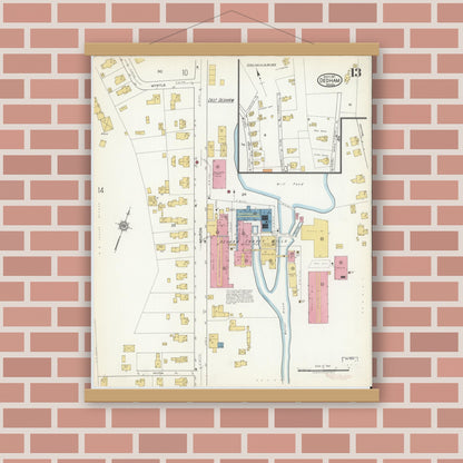 Old map wall art mockup — magnetic wood frame on brick wall — Sanborn Fire Insurance Map from Dedham, Norfolk County, Massachusetts (1917), Sheet #0013