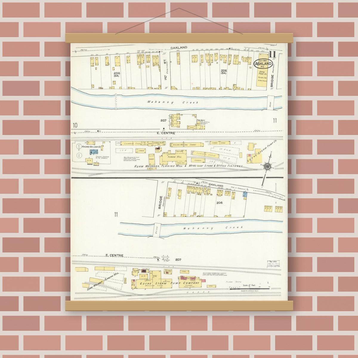 Old map wall art mockup — magnetic wood frame on brick wall — Sanborn Fire Insurance Map from Ashland, Schuylkill County, Pennsylvania (1921), Sheet #0011