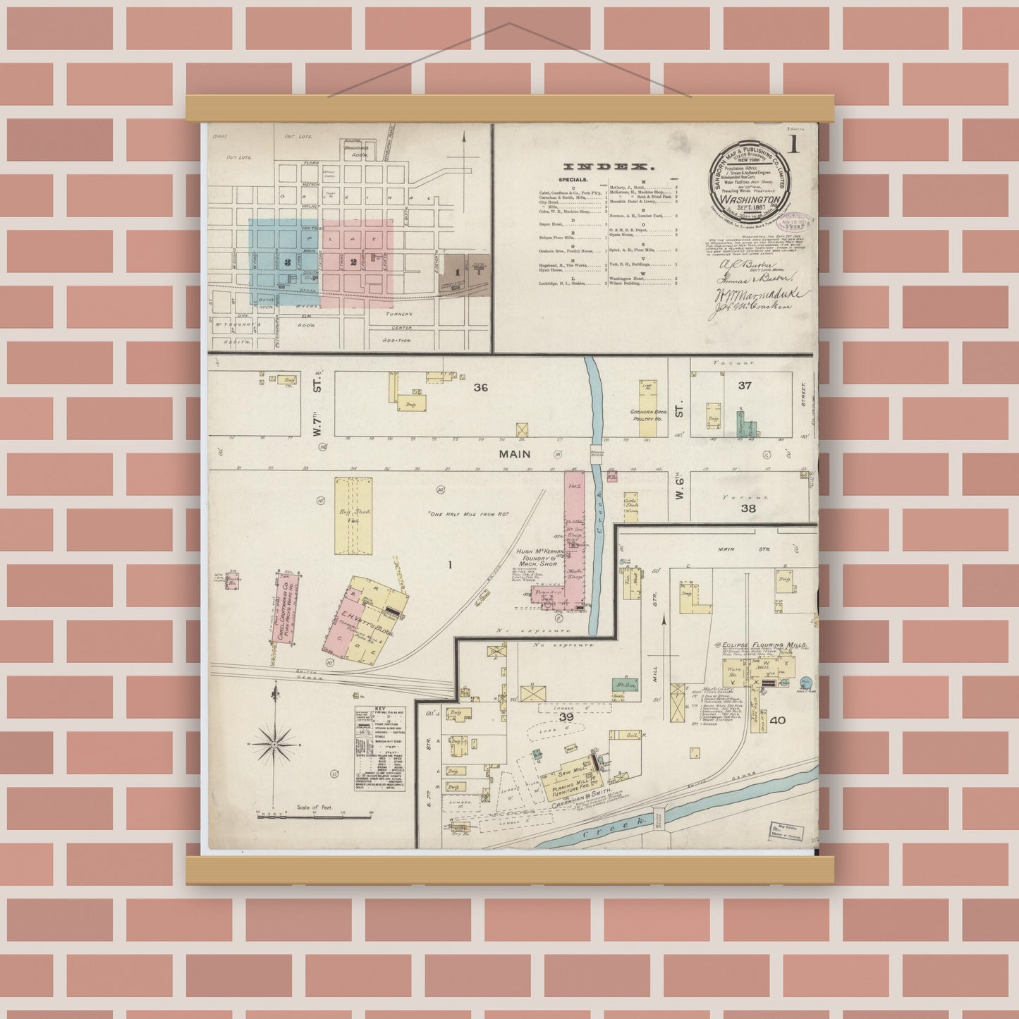 Old map wall art mockup — magnetic wood frame on brick wall — Sanborn Fire Insurance Map from Washington, Daviess County, Indiana (1887) - Complete Map Set